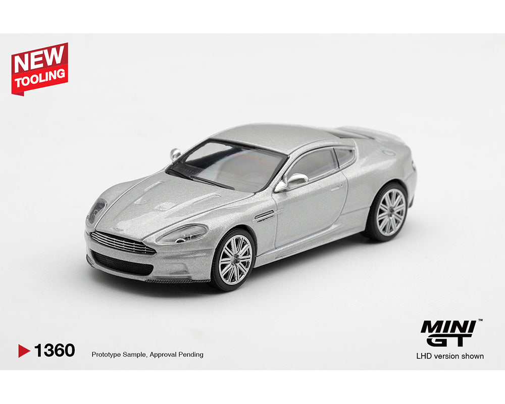 A silver metallic Mini GT model car, specifically an Aston Martin DB9 replica, shown on a white background with promotional text overlays.