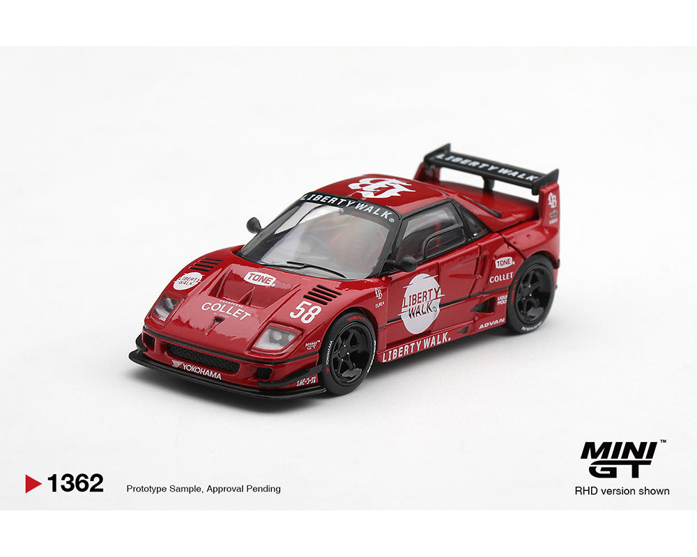 MINI GT 1:64 Liberty Walk LB-WORKS Mazda AZ-1 in red with black wheels, Liberty Walk racing graphics, number 58, and a large rear wing, shown from a front three-quarter angle.