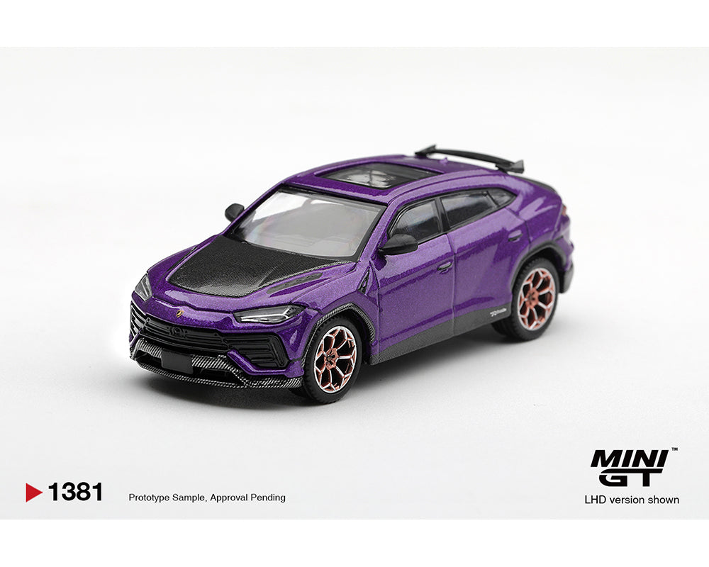 Mini GT 1:64 Lamborghini Urus Performante Purple MGT01381-BL diecast model with carbon fiber hood and bronze wheels, front three-quarter view.