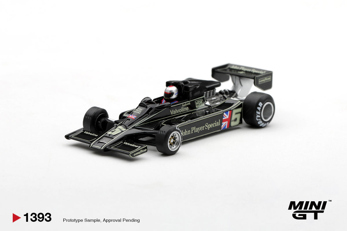 MINI GT 1:64 Lotus 79 #5 Mario Andretti John Player Special 1978 Formula 1 race car diecast model MGT01393 in black and gold livery with Goodyear tires