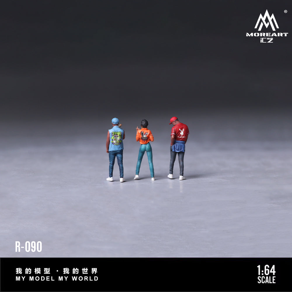 Model figures of three people in street fashion, featuring the brand 'MoreArt'.