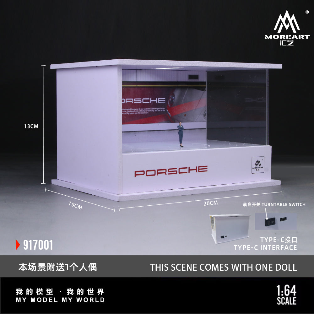 Porsche model display case with dimensions and features on a dark background