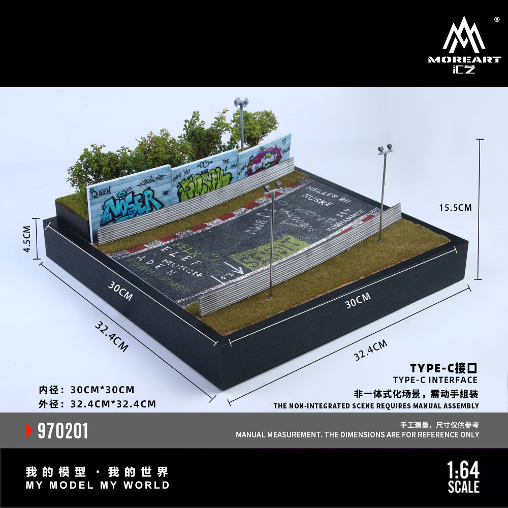 Model of a skate park with dimensions and branding on a blue background