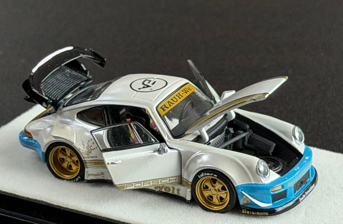 PGM 1:64 RWB Porsche 930 diecast model in pearl white with opening hood, doors and rear engine cover, gold wheels, blue bumpers and detailed interior