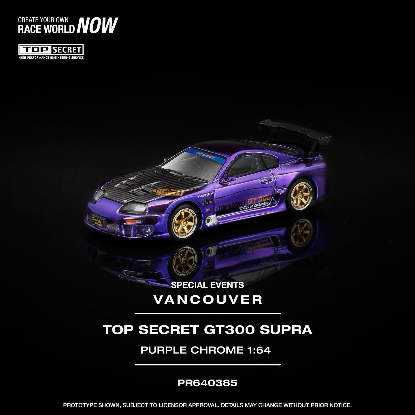 Model car of a purple and black Top Secret GT300 Supra on a reflective surface with a dark background.