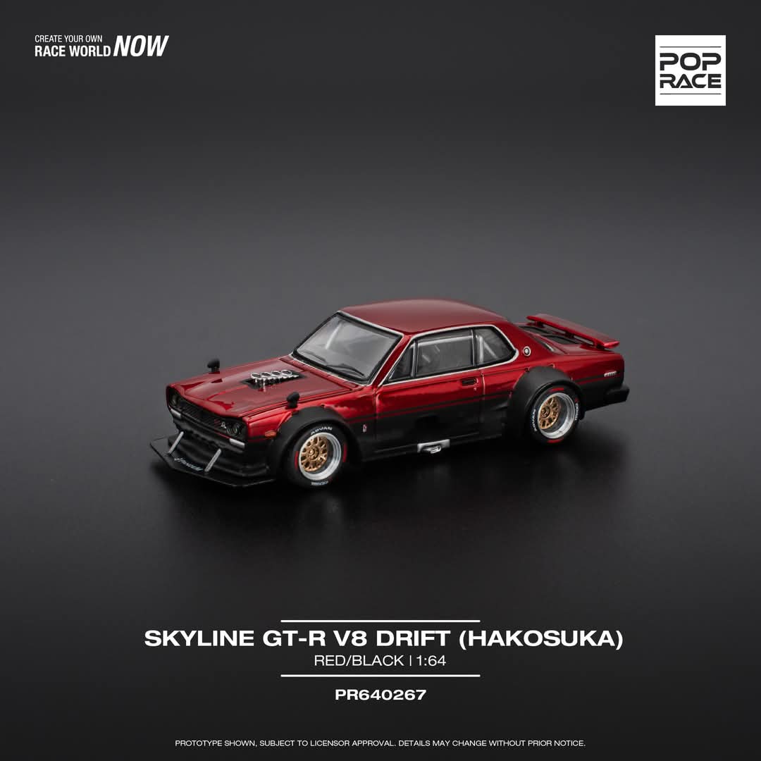 Pop Race 1:64 SKYLINE GT-R V8 DRIFT (HAKOSUKA) - RED/BLACK PR640267 (Preorder)