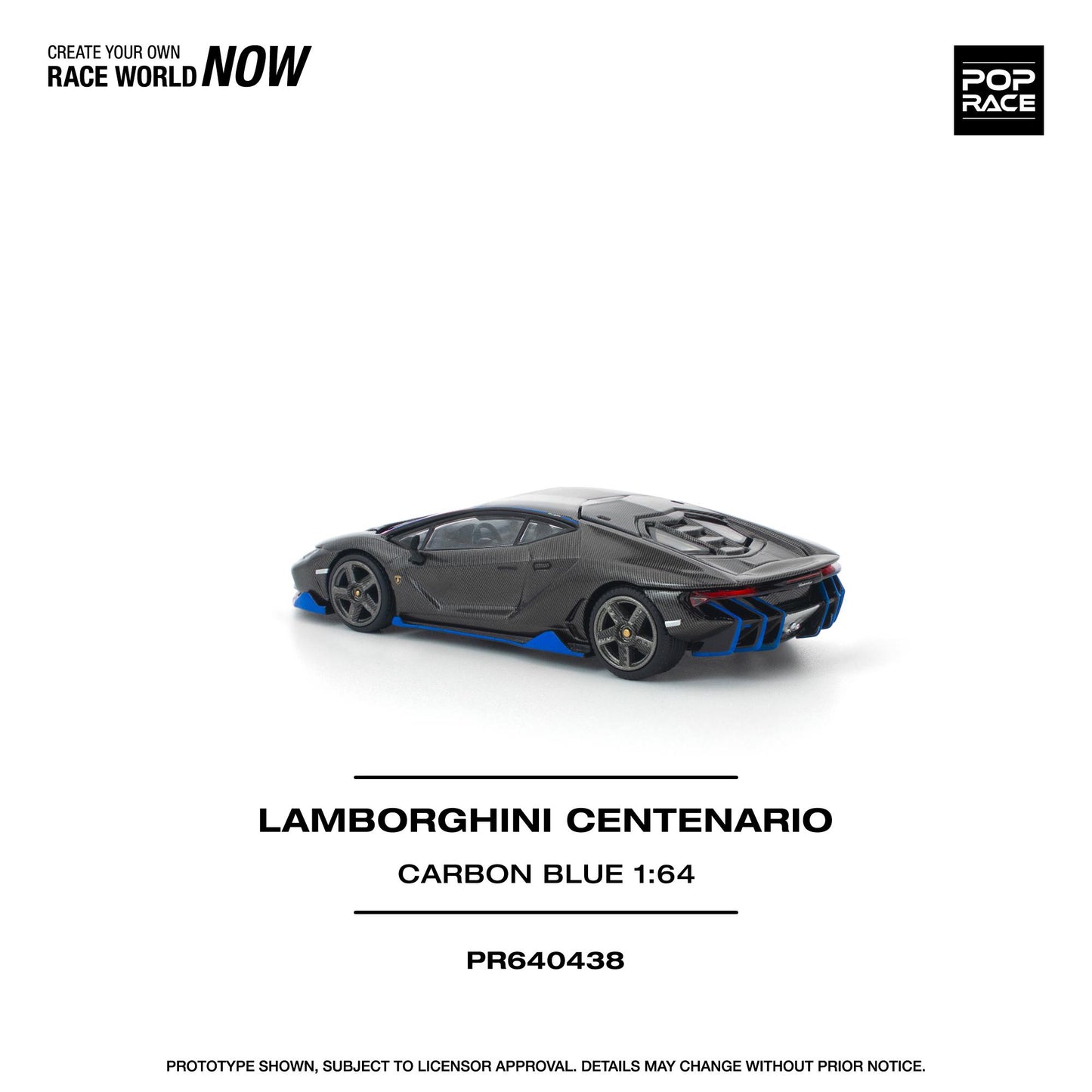 Model car of a Lamborghini Centenario in carbon blue on a white background with branding elements.