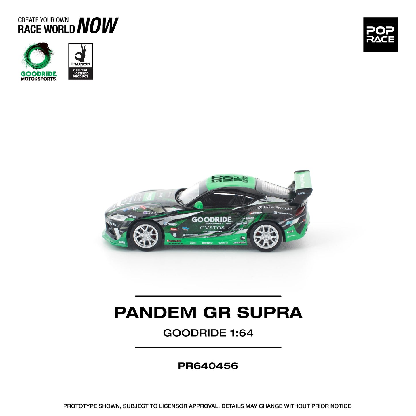 Model car of a Pandem GR Supra on a white background with branding and product details.