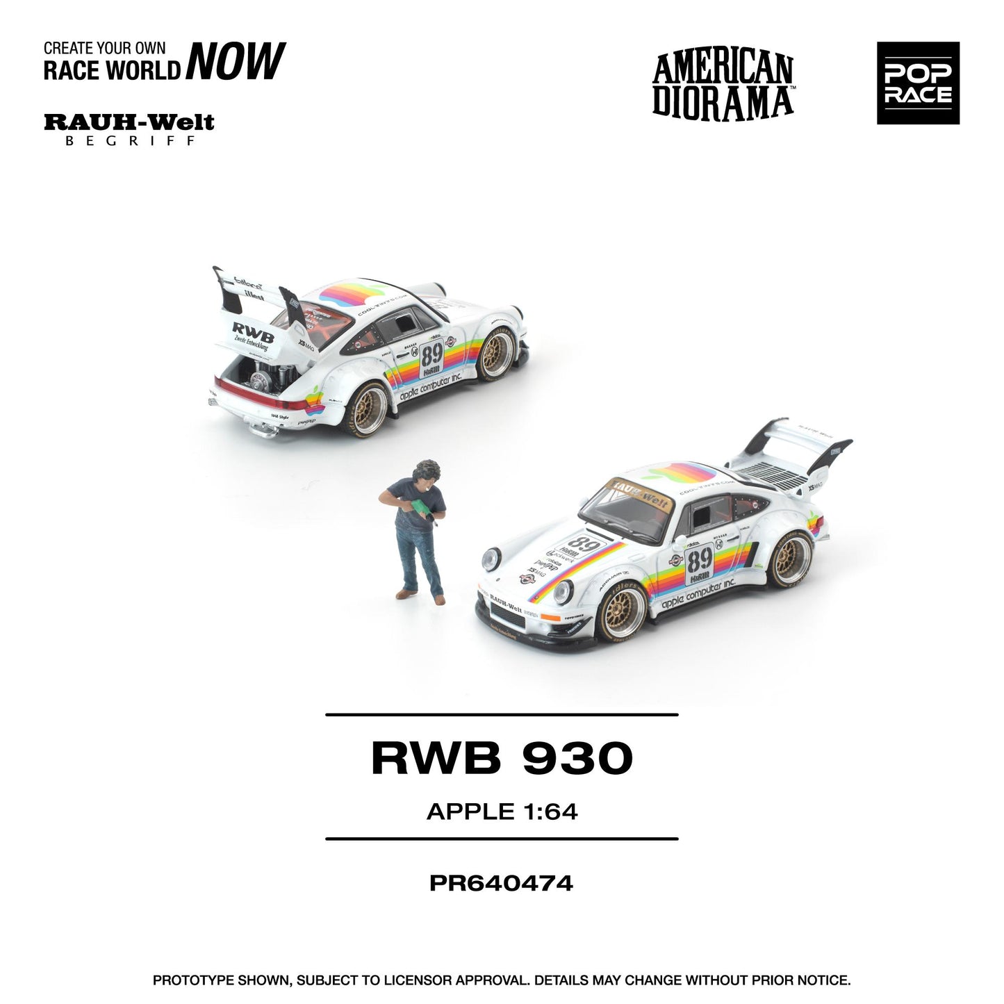 Model cars with a person looking at them on a white background, featuring branding for American Diorama and Pop Race.