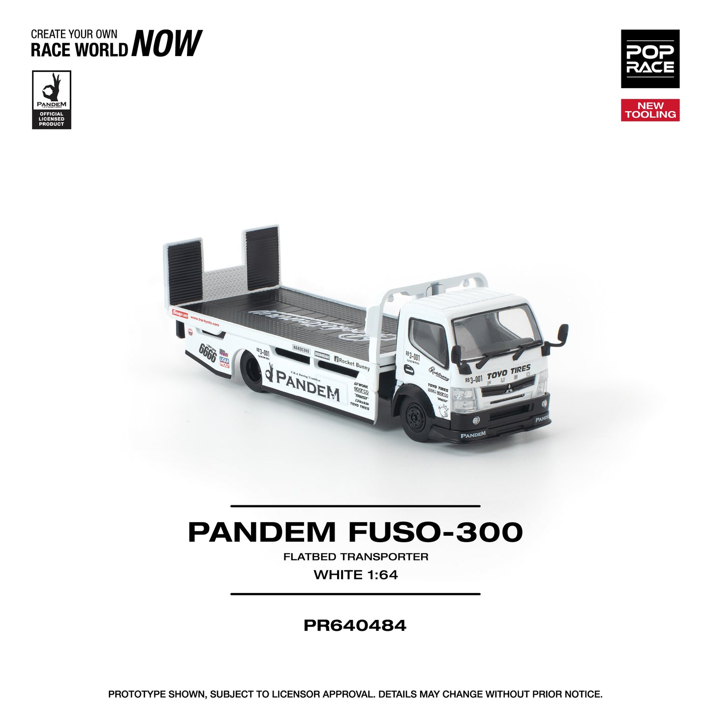 Model of a Pandem Fuso-300 flatbed transporter on a white background with branding and product details.