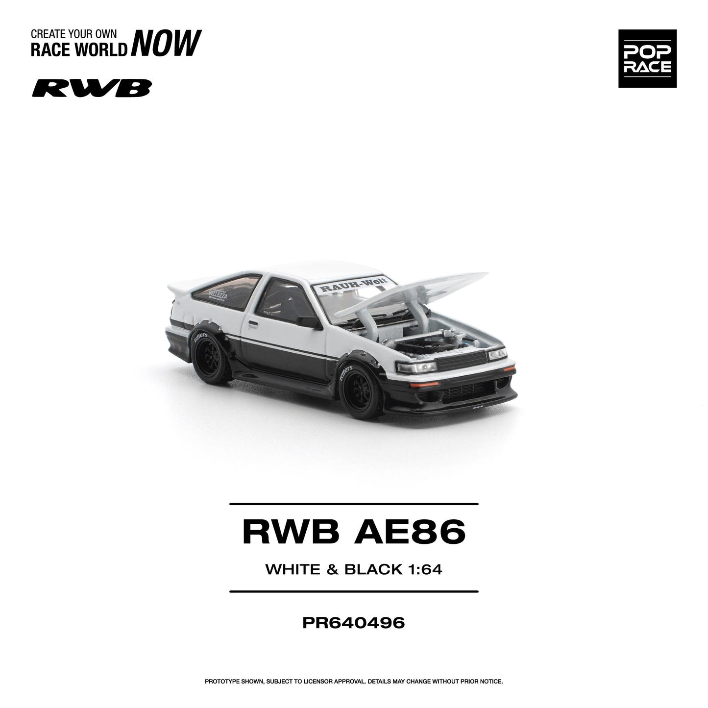 A white and black toy car with "RWB A636" written on it, showcasing a sleek design.