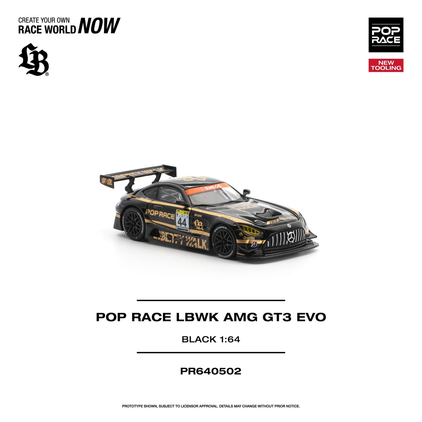 A 1:64 scale model of the black and gold Pop Race LBWK AMG GT3 EVO race car, shown on a clean white background with product details and branding text.