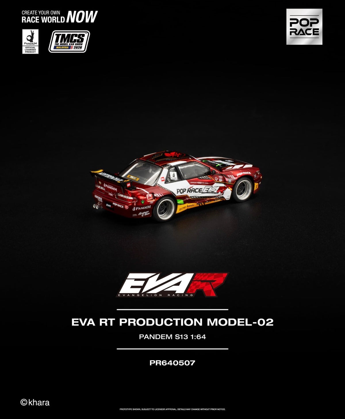 A 1:64 scale model of a red and white drift racing car, branded EVA RT Production Model-02, displayed on a dark reflective surface with promotional text and logos.