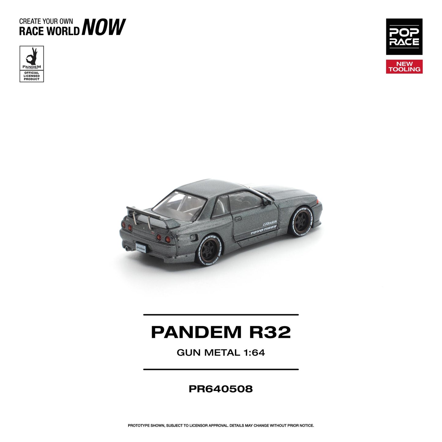 Model car of a Pandem R32 in gun metal color on a white background with branding and product details.