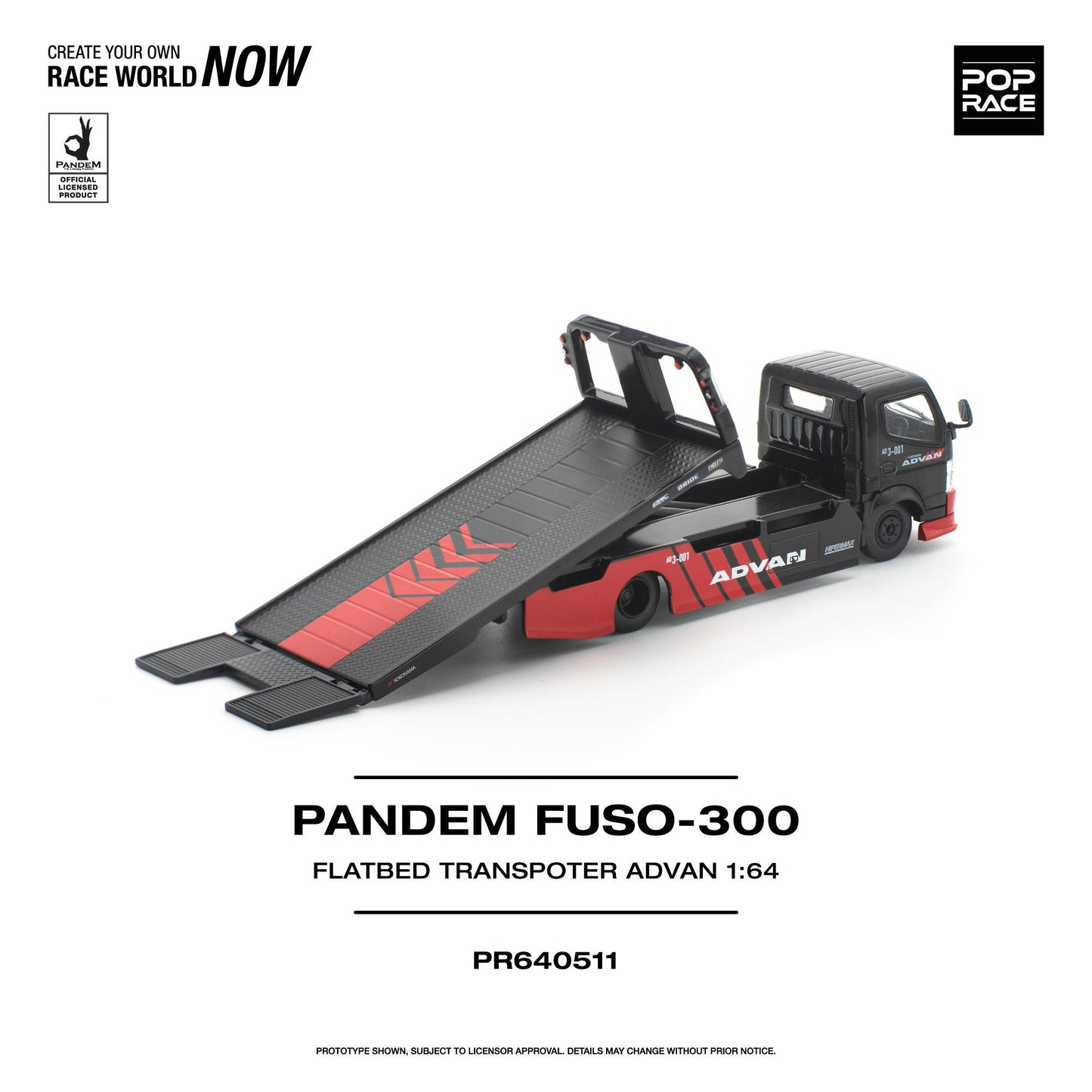 Model flatbed transporter with red accents on a white background, featuring Pop Race branding.