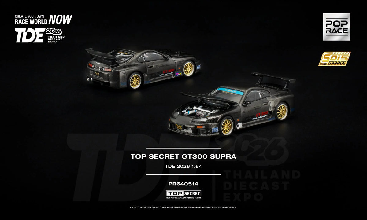 Top Secret GT300 Supra diecast model car shown from two angles on a black background, with branding for TDE 2026 and Pop Race visible.