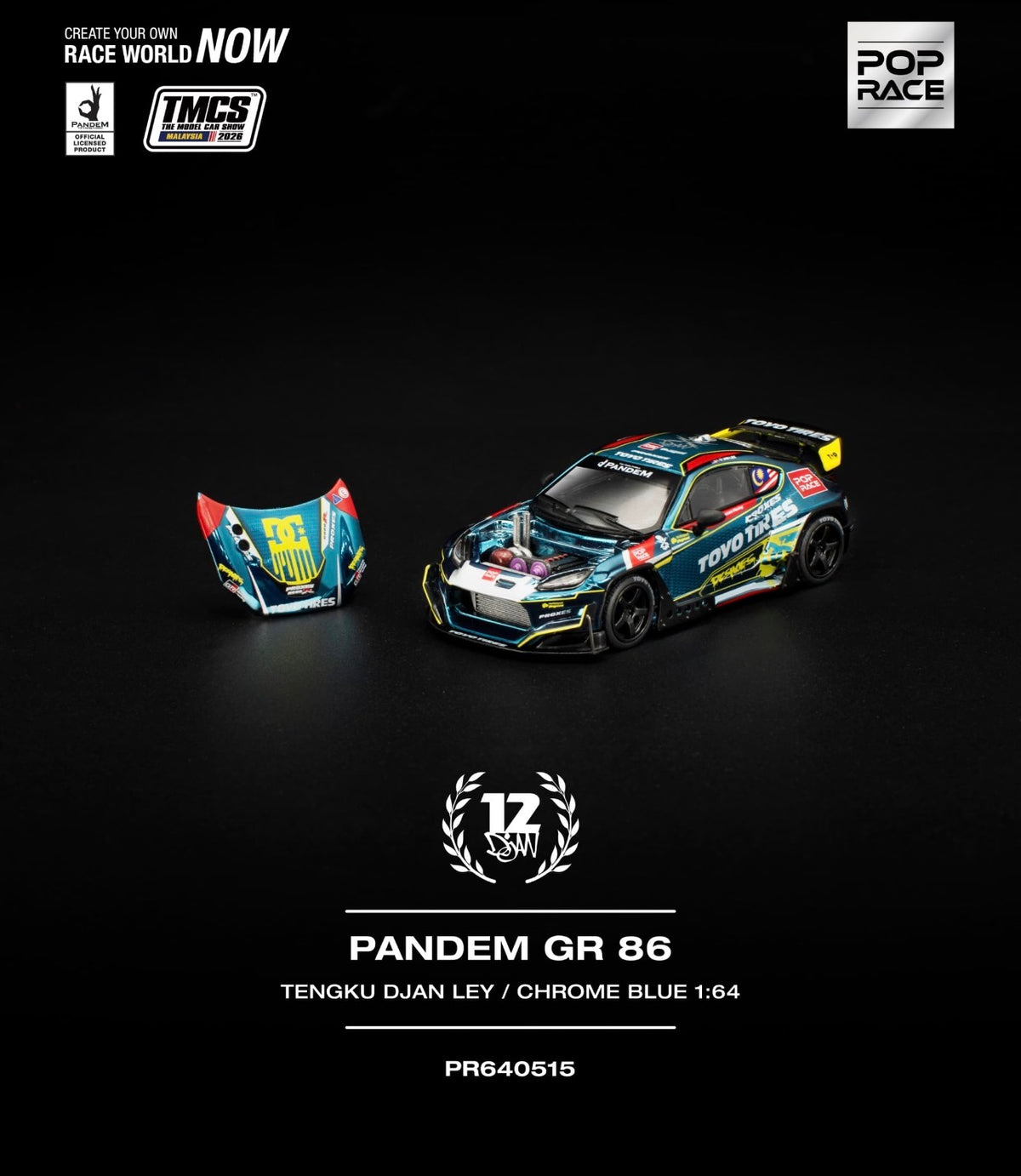 A 1:64 scale model race car kit labeled 'PANDEM GR 86' on a black background, shown with its detached front hood piece. The car features a blue, black, and yellow livery with 'Tengku Djan Ley' and 'Chrome Blue' text.