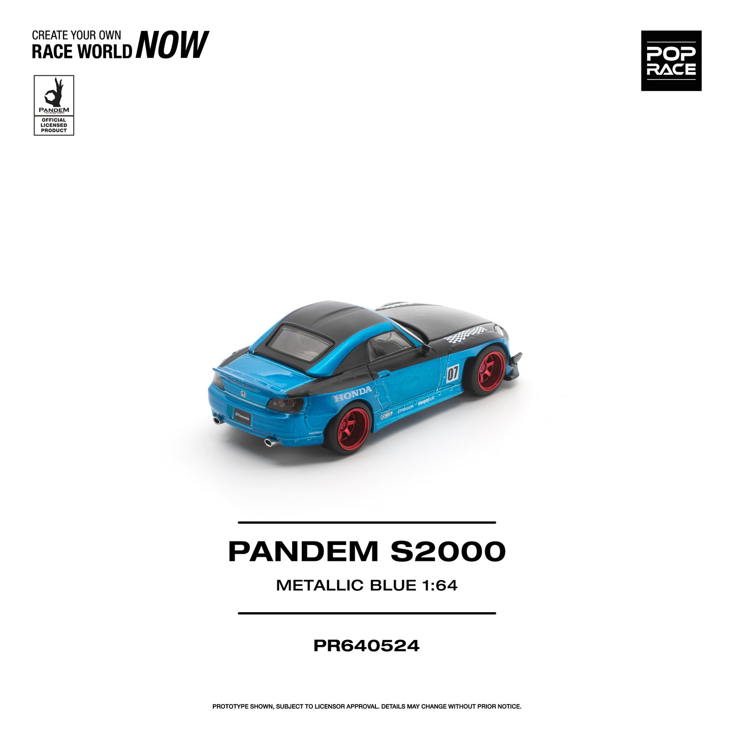 Model car of a Pandem S2000 in metallic blue on a white background with branding elements.