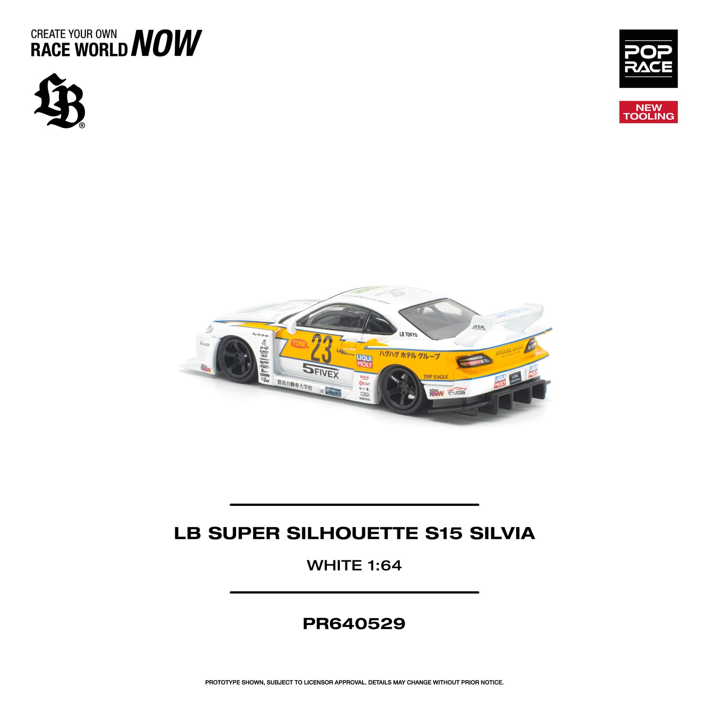 Model car of LB Super Silhouette S15 Silvia with branding and product details on a white background