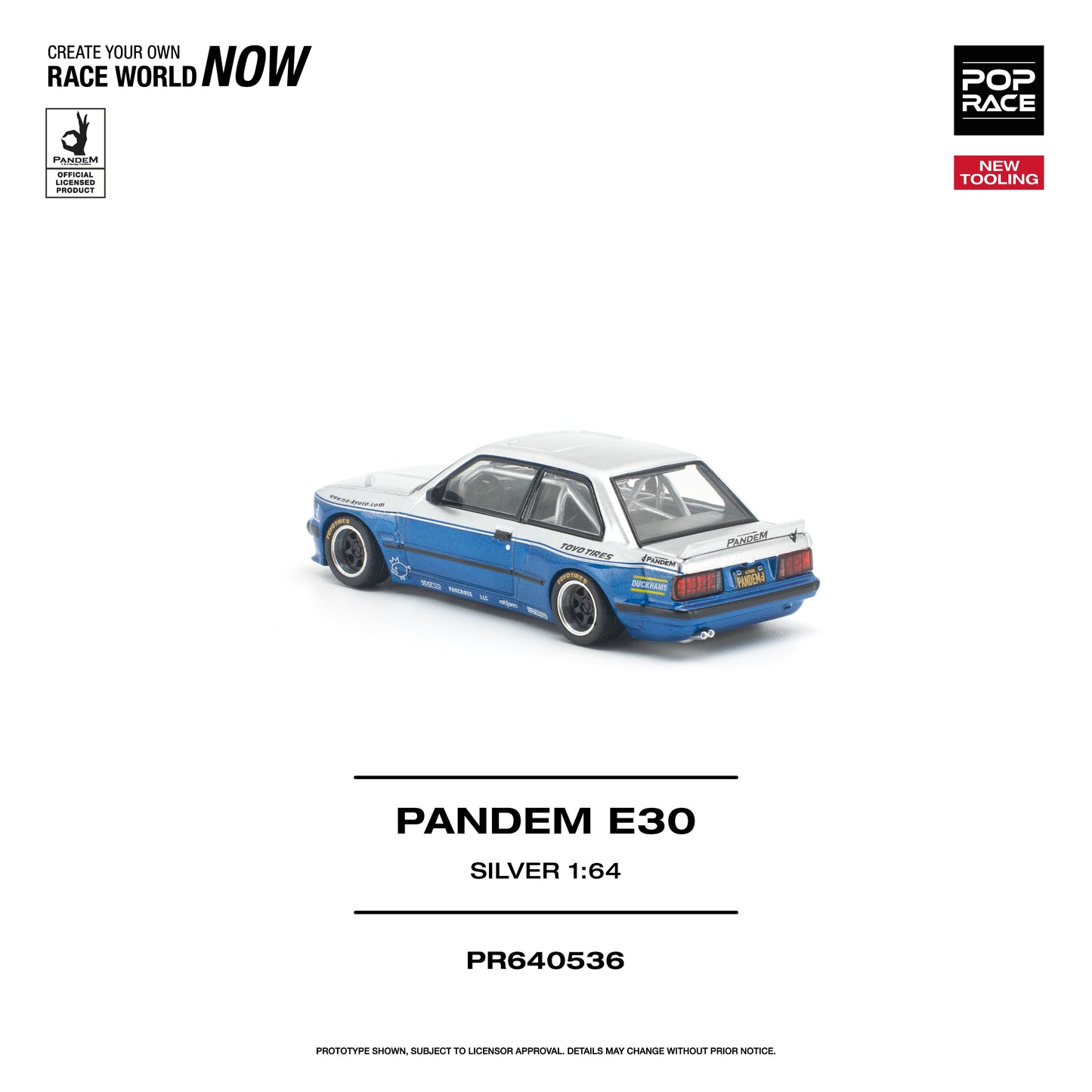 Model car of a Pandem E30 on a white background with branding and product details.
