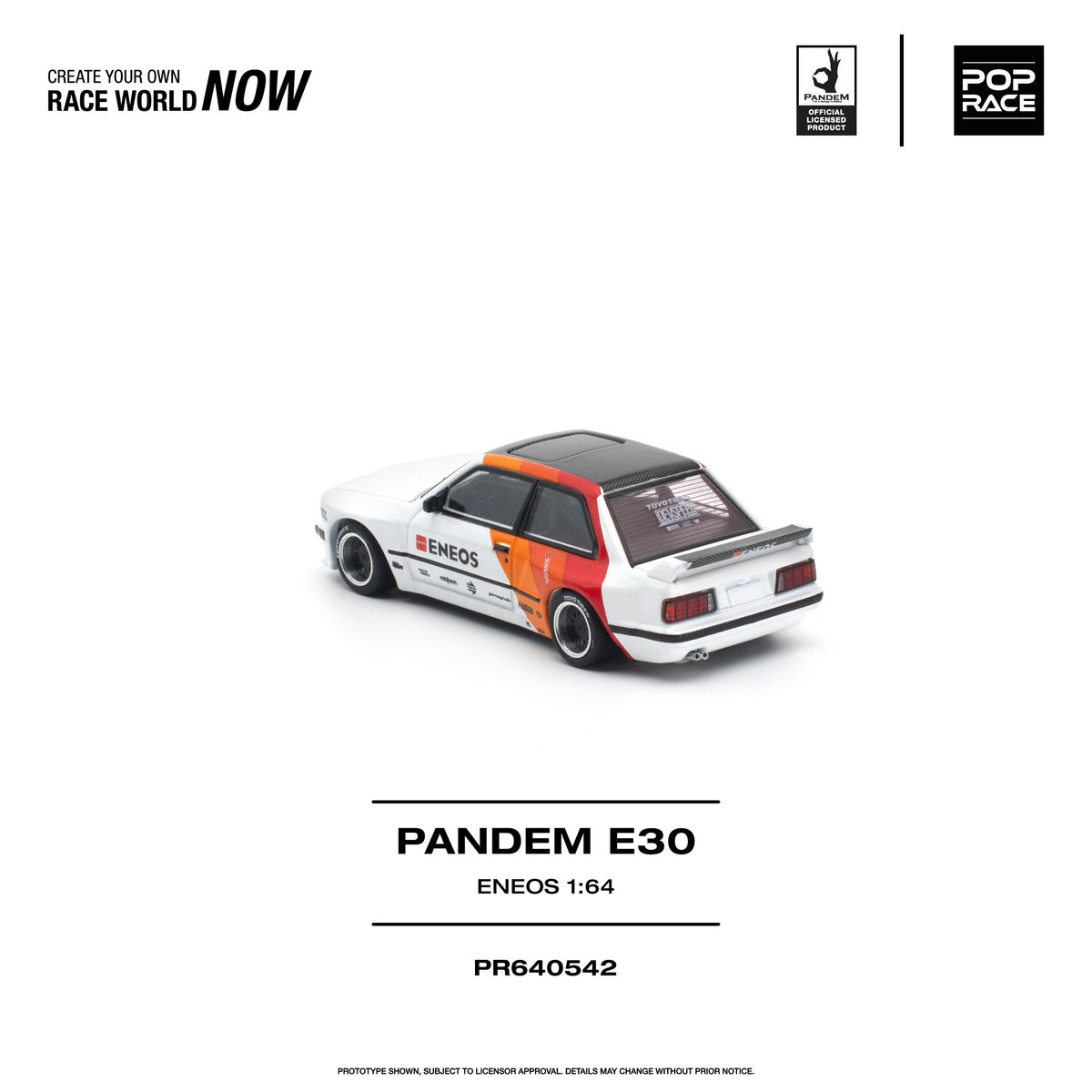 A 1:64 scale model car of the Pandem E30, shown from a rear three-quarter angle on a clean white background. The model features a white body with a black roof and a vibrant orange and red livery wrap on the rear.