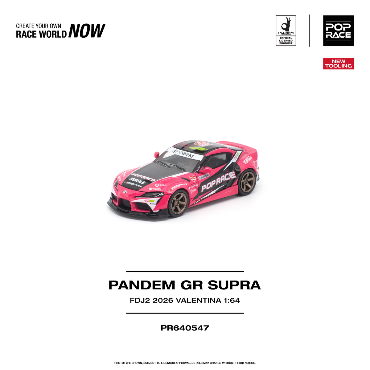 Pop Race 1:64 Pandem Toyota GR Supra FDJ2 2026 Valentina PR640547 diecast model car with pink and black racing livery and bronze wheels