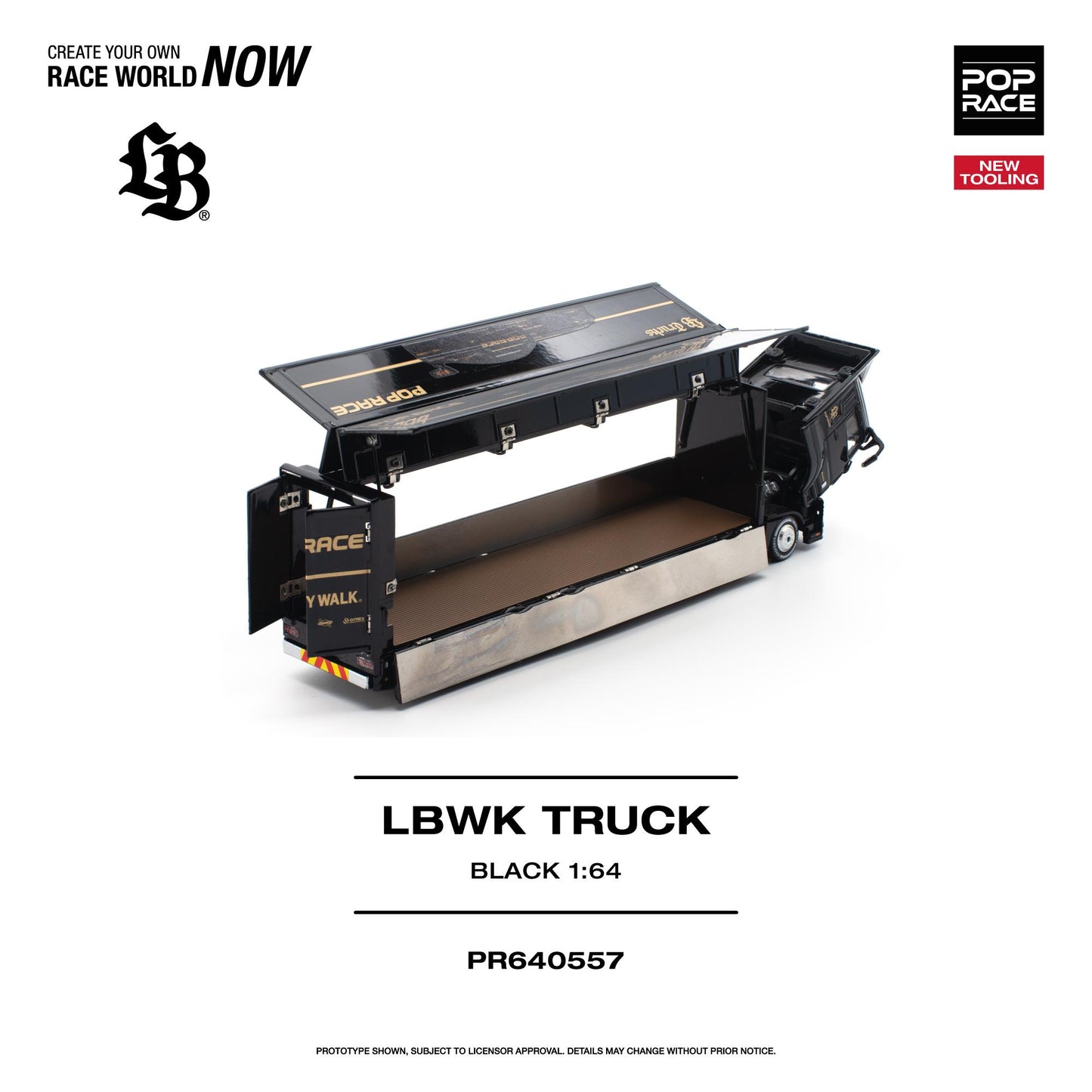 A 1:64 scale model of an LBWK racing truck shown open, revealing a detailed interior. The truck is black with gold and white branding.