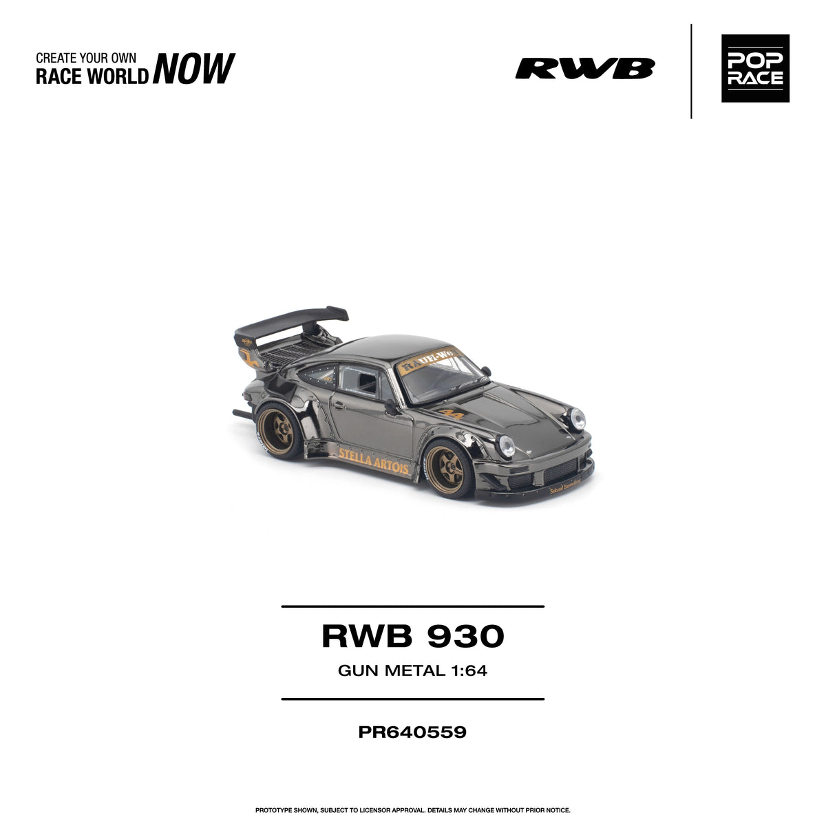 Pop Race 1:64 RWB Porsche 930 Gun Metal PR640559 diecast model car with Stella Artois livery, bronze wheels and rear wing