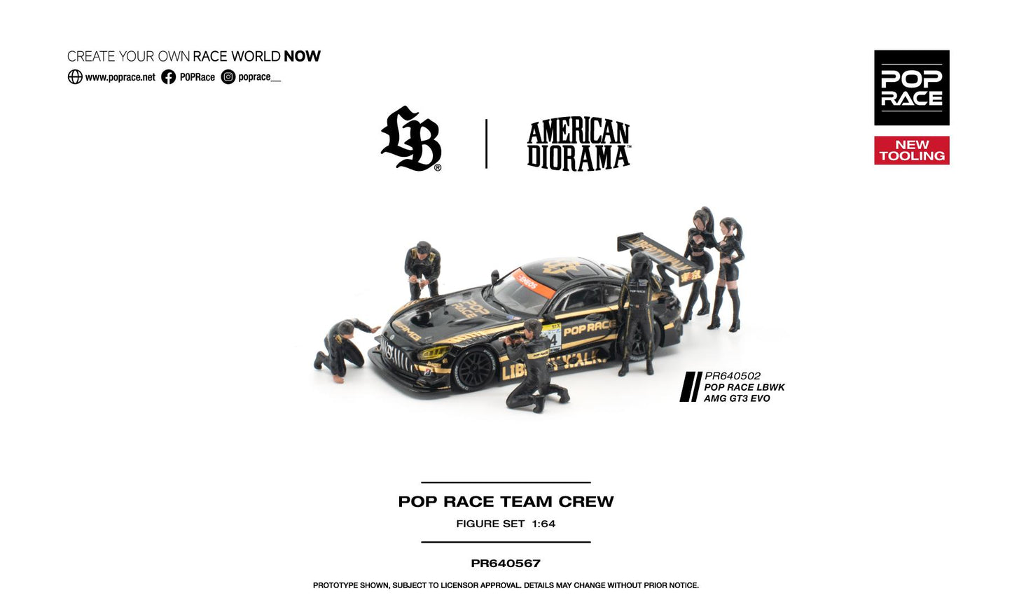 Pop Race Team Crew figure set featuring a 1:64 scale model of a black and orange race car with four driver and mechanic figures, shown on a white background with Pop Race and American Diorama branding.