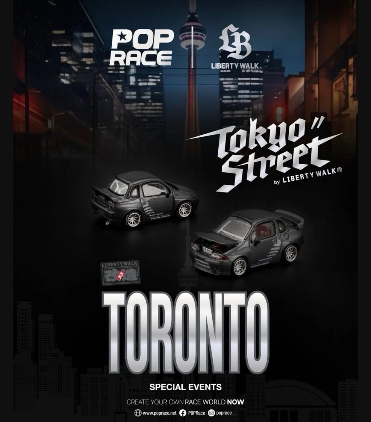 Pop Race Nissan Skyline GT-R R33 LBWK 1:64 diecast model in dark grey Liberty Walk Tokyo Street Toronto Special Event edition, PR640574, with silver wheels, rear wing and opening hood.