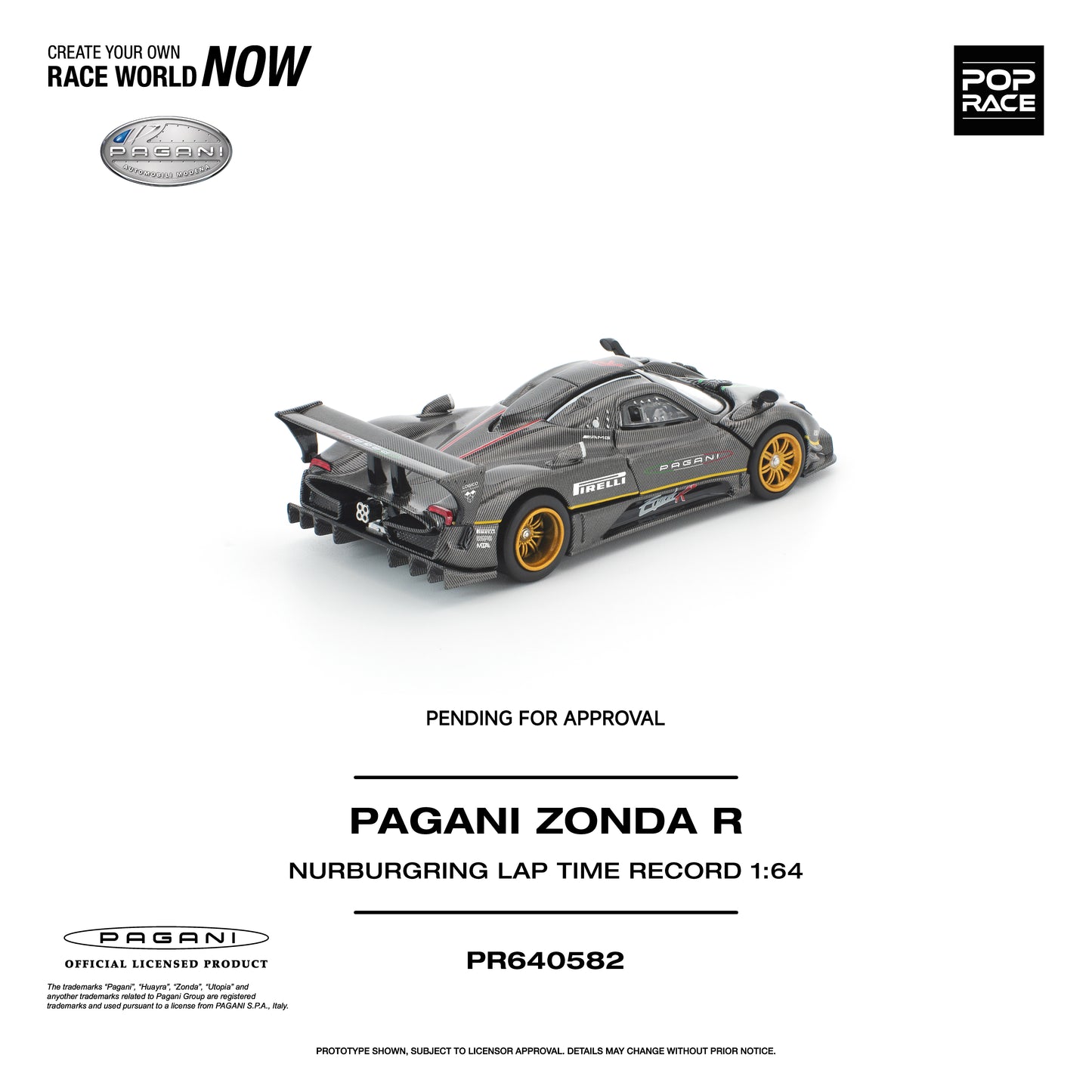 Pop Race 1:64 Pagani Zonda R Nurburgring Lap Time Record PR640582 diecast model shown in rear three-quarter view featuring exposed carbon fiber bodywork, gold center-lock wheels, massive rear wing, aggressive rear diffuser, central quad exhaust system, and race-derived aerodynamic details inspired by the iconic track-only hypercar