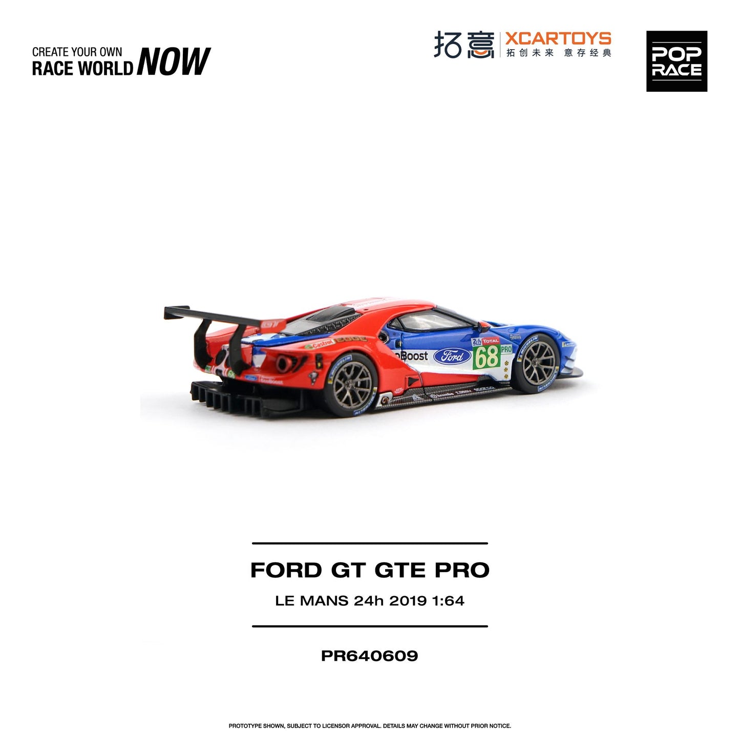 A 1:64 scale model car of the 2019 Le Mans Ford GT GTE Pro, featuring a red, blue, and white Ford livery with sponsor logos, shown on a clean white background with brand and model text.