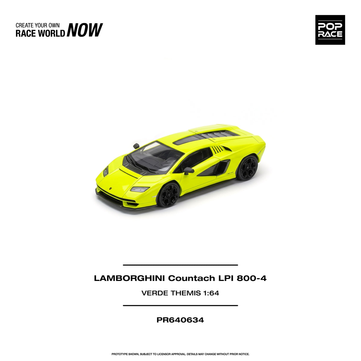 POP RACE 1:64 Lamborghini Countach LPI 800-4 Verde Themis PR640634 diecast model featuring vibrant neon green paint, black multi-spoke wheels, black side air intakes, sharp LED headlights and sleek aerodynamic body design, front three-quarter view.