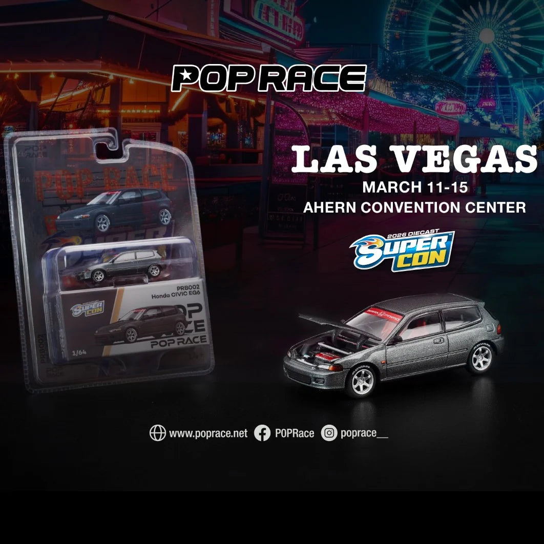 Promotional image for Pop Race event in Las Vegas with model cars and packaging.