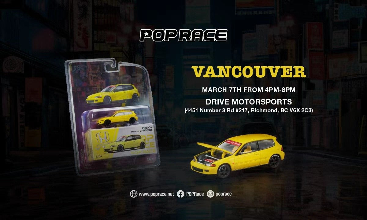 Promotional graphic for a Pop Race event in Vancouver featuring model cars and packaging.