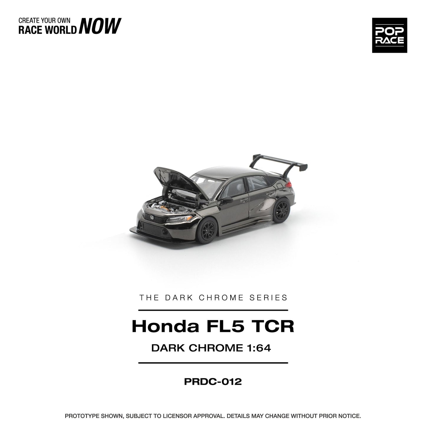 Model car of Honda FL5 TCR in dark chrome finish on a white background