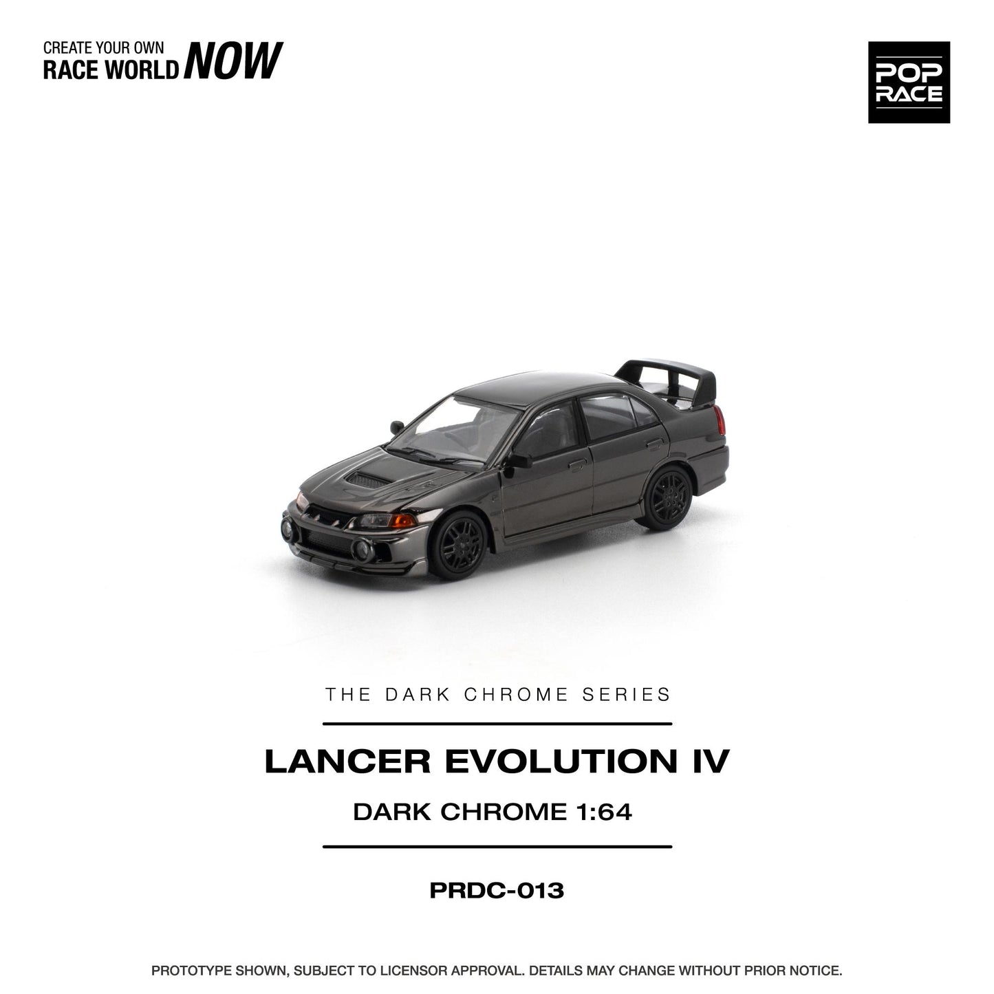 A 1:64 scale model car of the Lancer Evolution IV in 'Dark Chrome' paint, shown on a clean white background with product details and branding text.