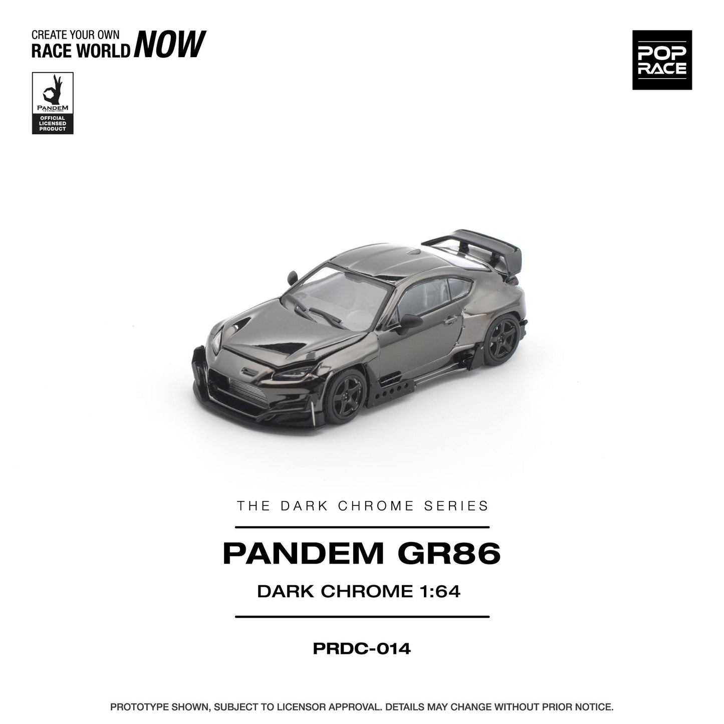 A 1:64 scale model of a dark gray widebody sports car, labeled 'PANDEM GR86', shown on a clean white background with Pop Race branding and product text.