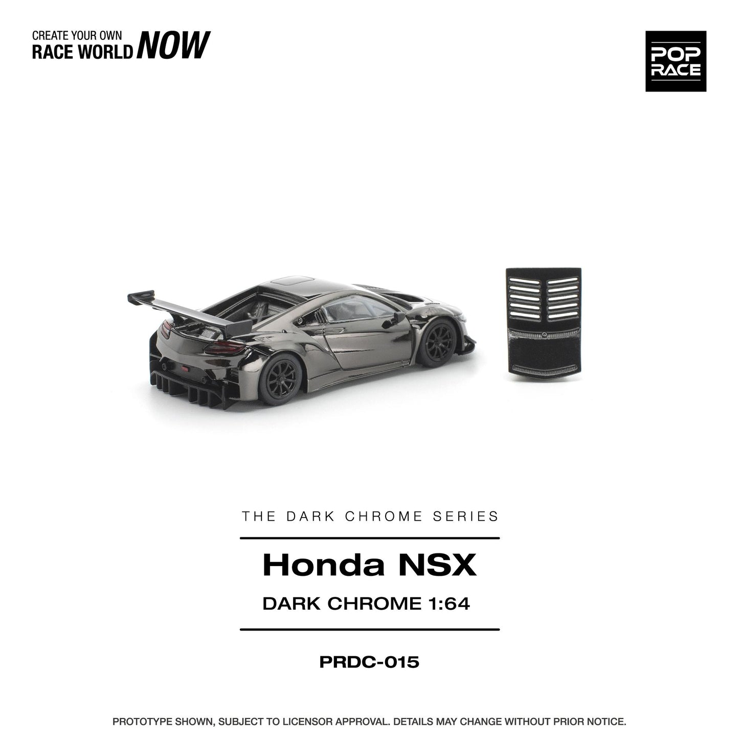 A 1:64 scale model of a dark gray Honda NSX sports car shown from a rear three-quarter angle, alongside a black vented accessory piece, on a clean white background with Pop Race branding and product text.