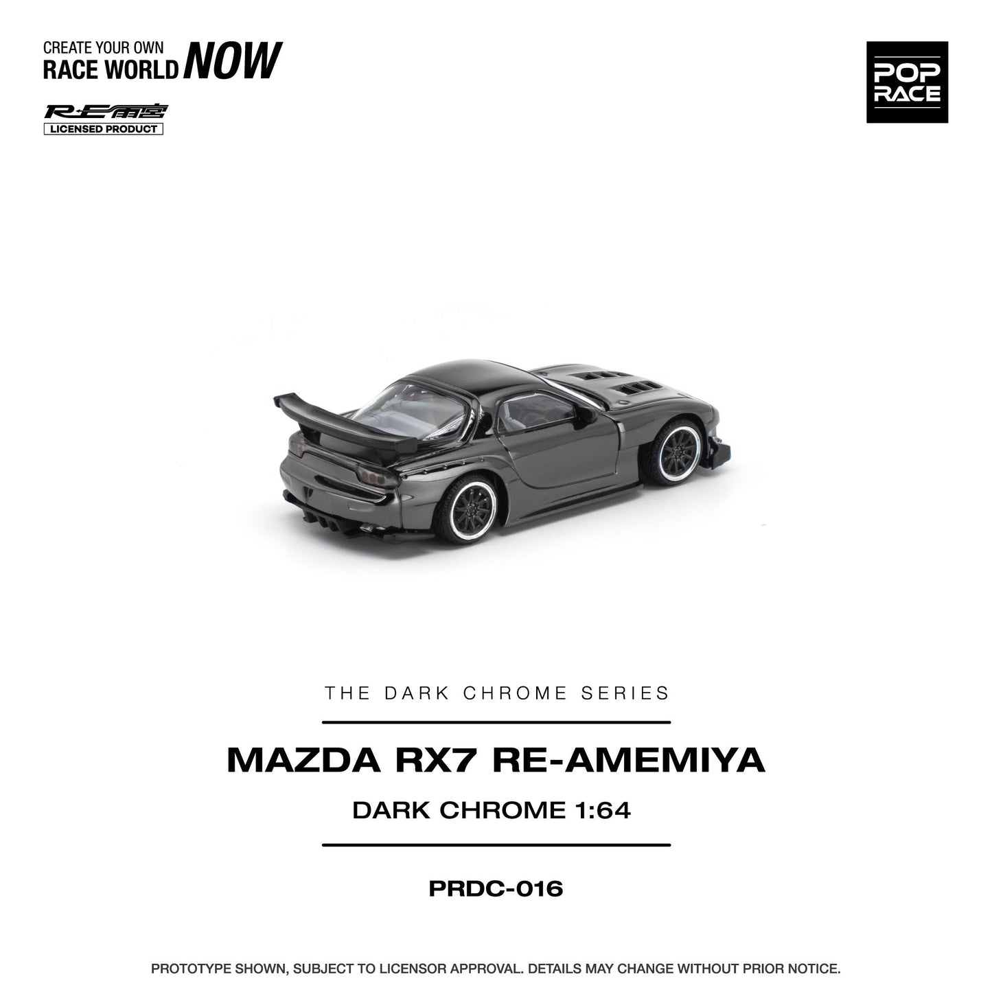 A 1:64 scale model of a dark gray Mazda RX-7 Re-Amemiya diecast toy car, shown on a clean white background with product details and branding text.