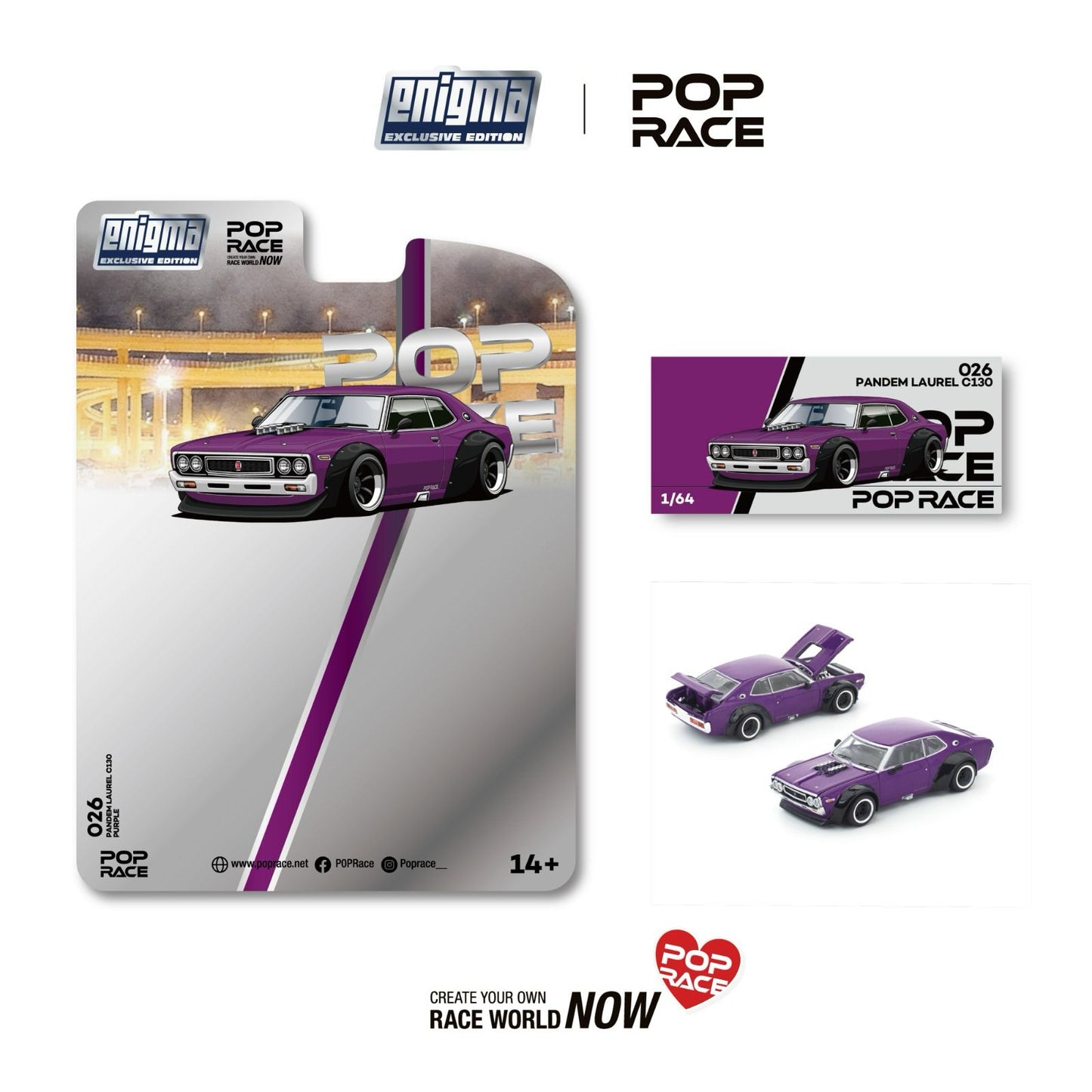 Pop Race toy car packaging with purple car and Enigma branding