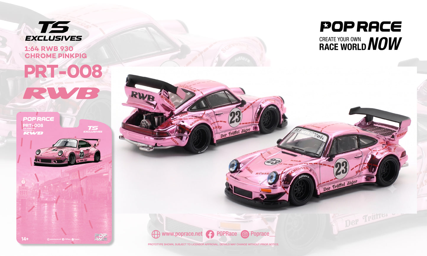 A pink die-cast model car shown from two angles on a white background with branded packaging and promotional text. The product appears to be a Porsche 911 RWB replica model, with the rear hatch open in one view, and the front view showing racing decals including the number 23 and RWB branding.