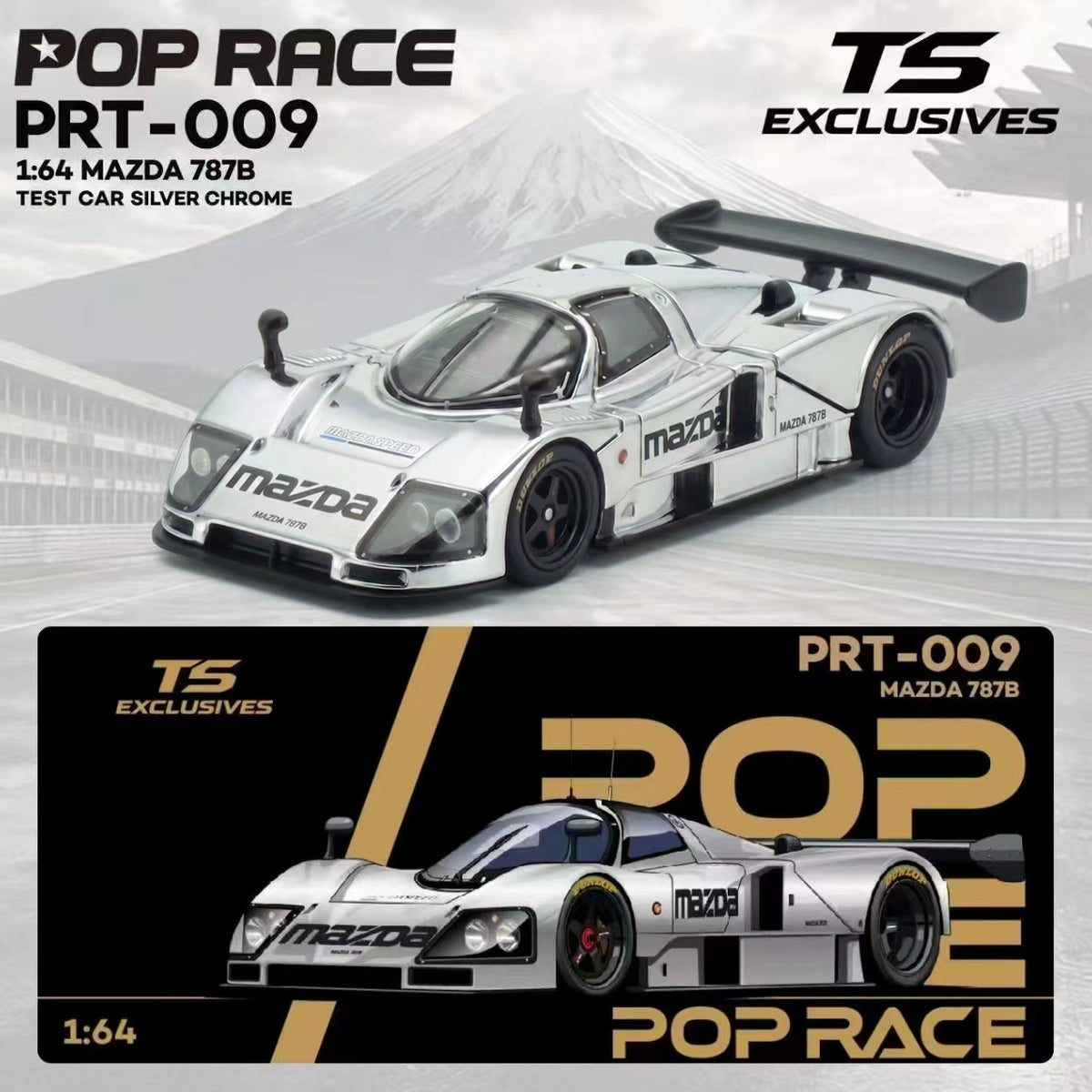 A 1:64 scale model car of the Mazda 787B test car in silver chrome, branded TS Exclusives Pop Race PRT-009. The image features a clean product render of the silver race car on a light gray background in the top half, and a black product card graphic in the bottom half displaying the model number, brand logos, and the car illustration.