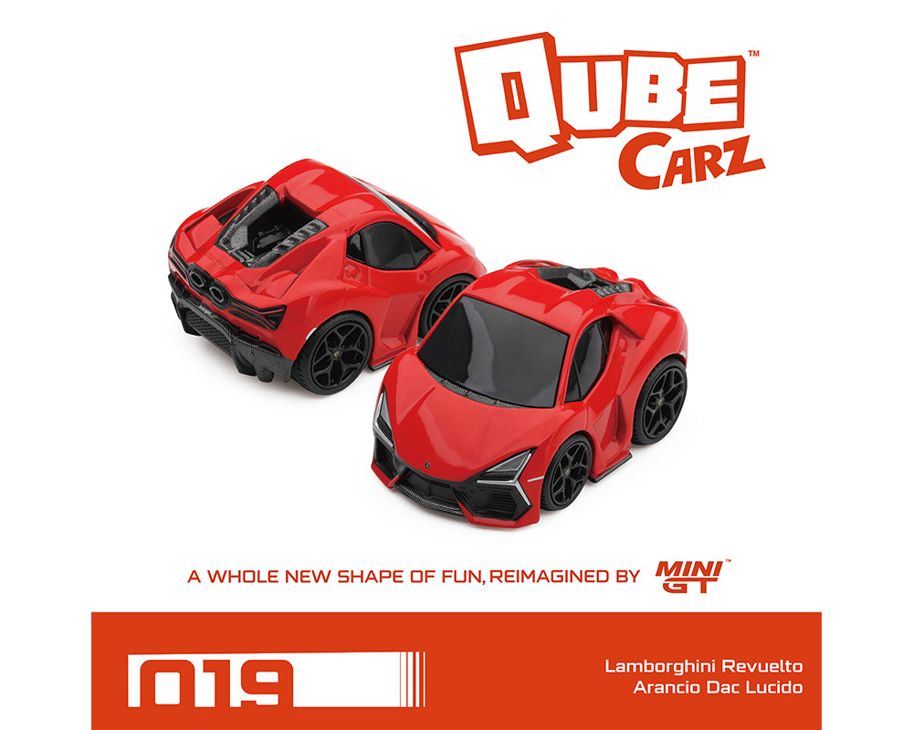 Two red Qube Carz remote control toy cars inspired by Lamborghini Revuelto and Arancio Dac Lucido, shown on a white background with Qube Carz and Mini GT branding.