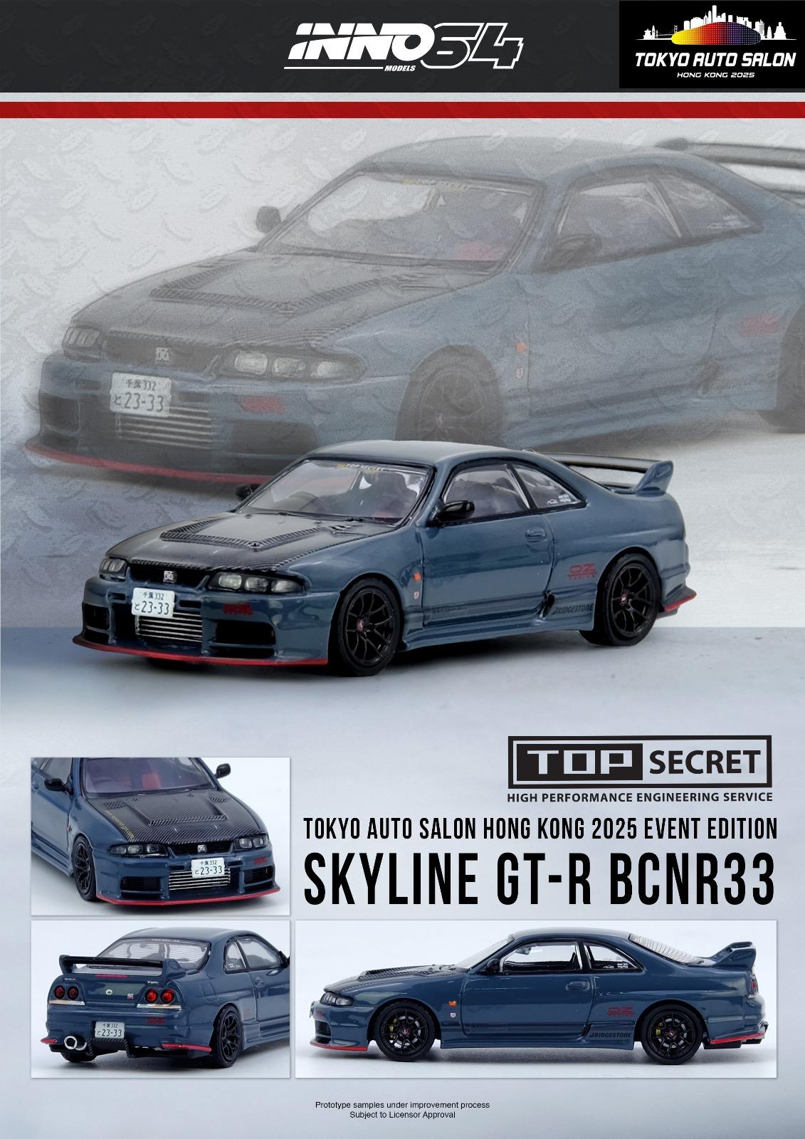 Model car of a Skyline GT-R BCNR33 with promotional text for Tokyo Auto Salon Hong Kong 2025 event.