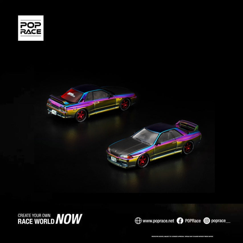Two magic chrome purple BNR32 model cars on a black background with 'Pop Race' branding.