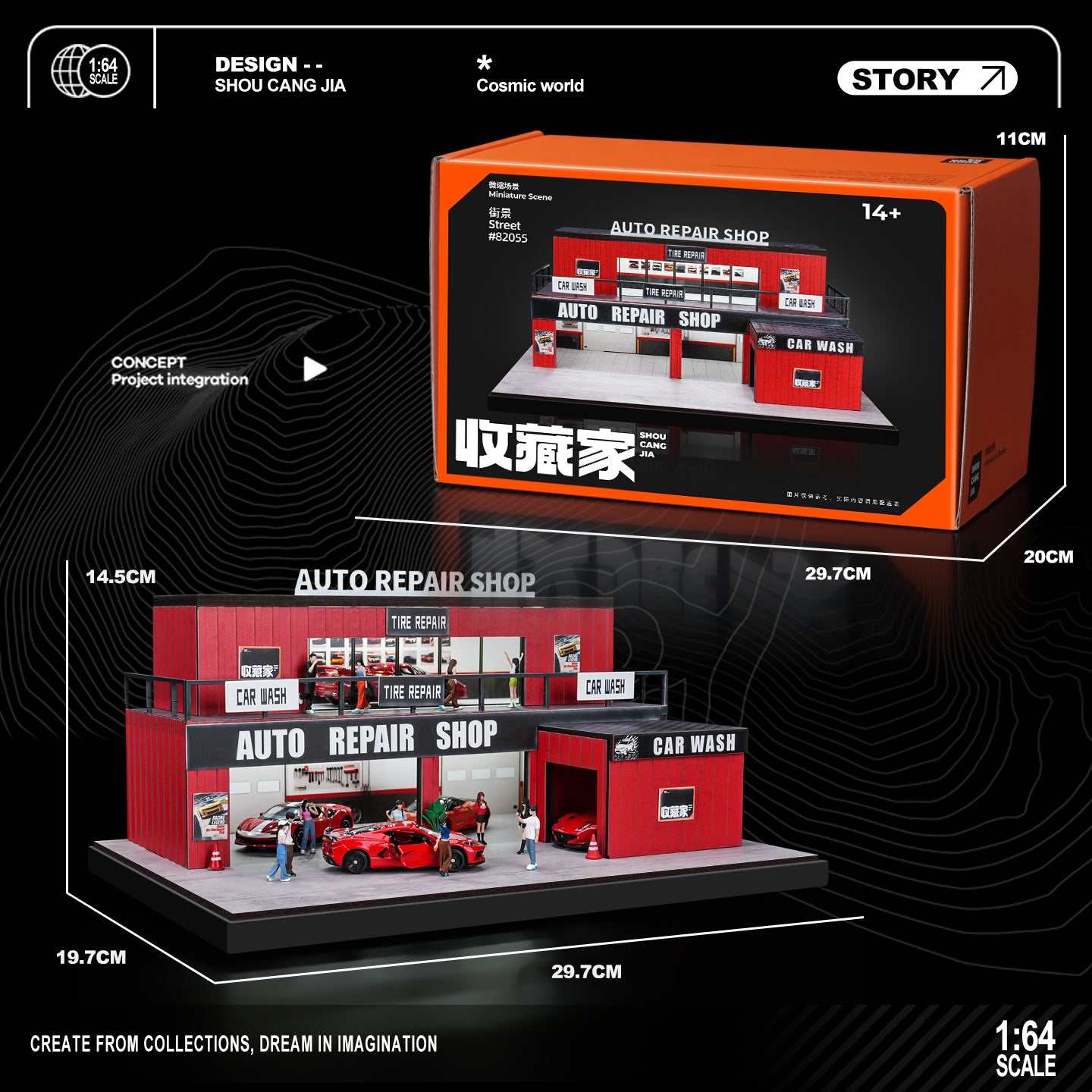 A 1:64 scale model kit of an 'Auto Repair Shop' in a red and black color scheme, shown both inside its orange and black retail packaging box and as a fully assembled miniature on a black background with dimension annotations.