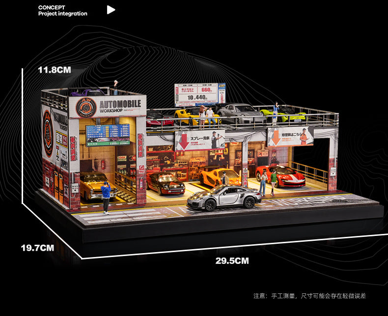 A miniature model car garage set displayed on a black background with dimension lines showing 11.8 cm height, 19.