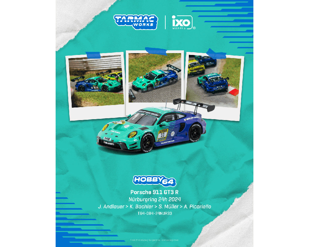 Model car display with 'Hobby64' Porsche 911 GT3 R on a teal background, featuring Tarmac Works and IXO logos.