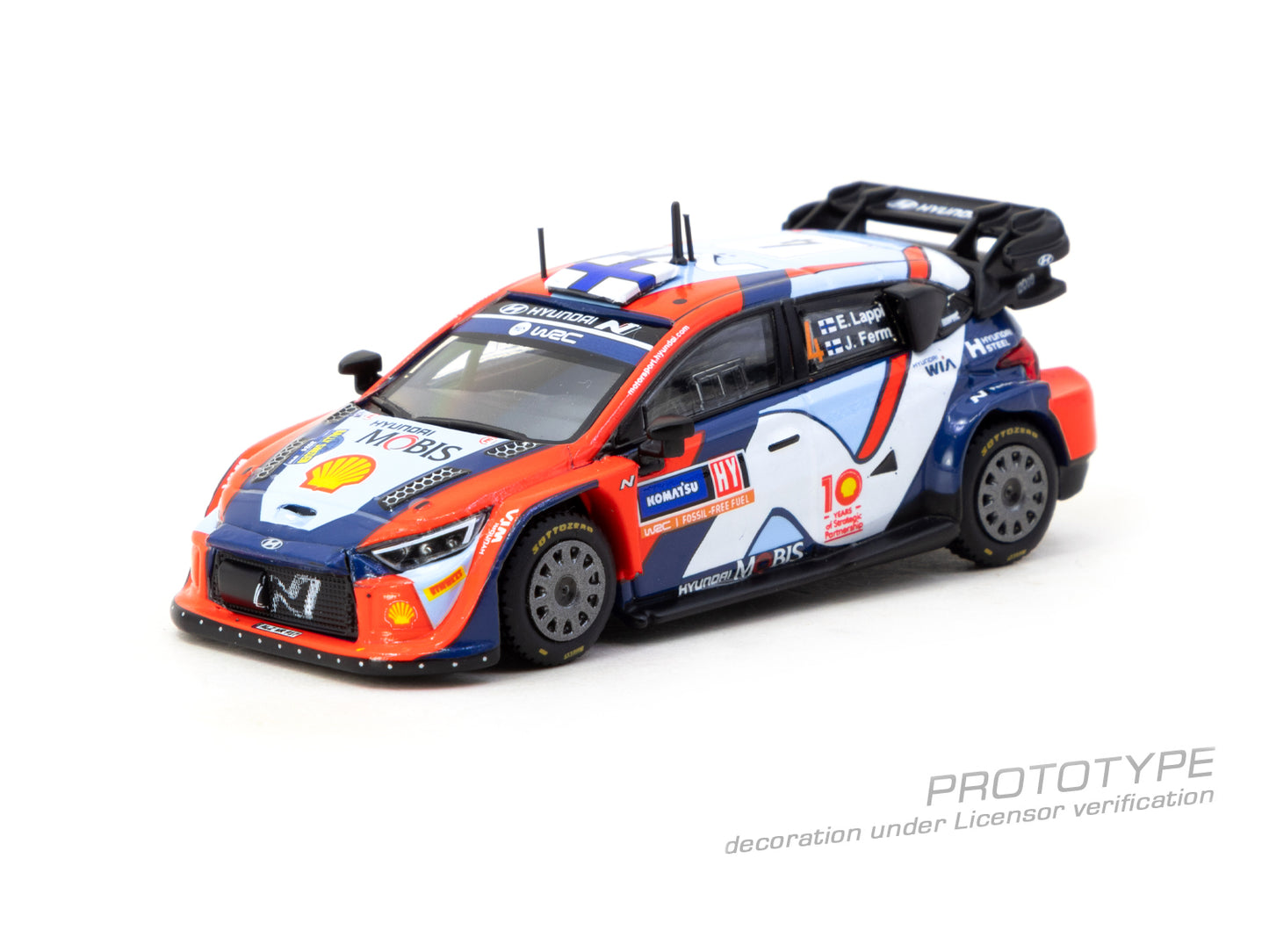 Model car of a rally vehicle with Shell and Hyundai logos on a white background